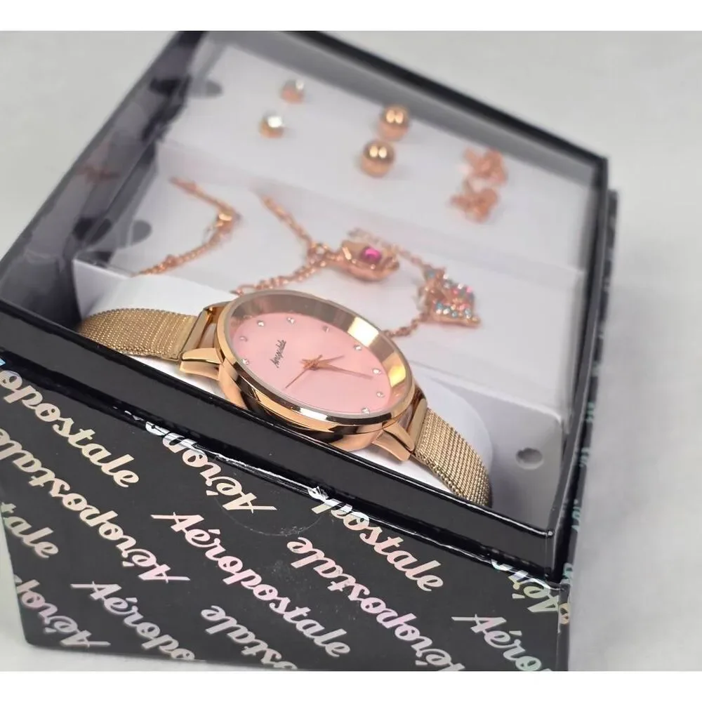 Aeropostale Watch Jewelry Set Necklace Earrings Rose Gold Pink